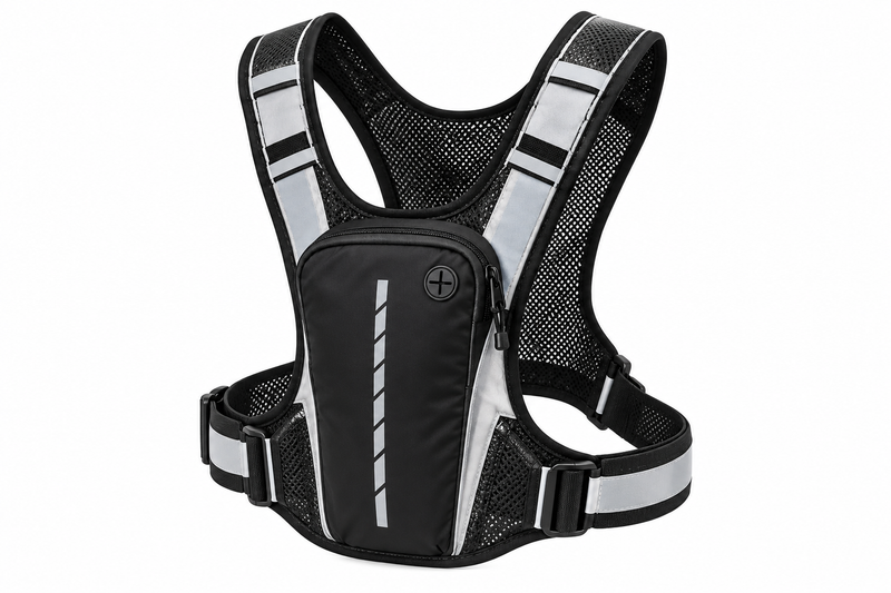 Black reflective running vest front on a pure white background, AI illustrative image