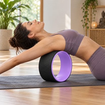 Yoga wheel assisted stretch in real-life space