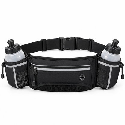 Black running hydration waist belt with dual side bottle holders on white background