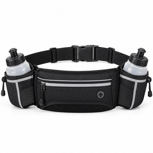 Black running hydration waist belt with dual side bottle holders on white background
