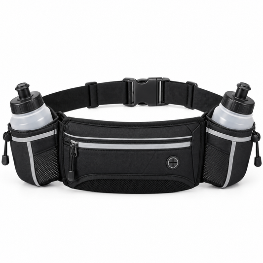 Black running hydration waist belt with dual side bottle holders on white background