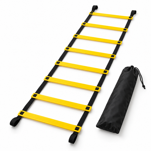 Yellow agility training ladder with black webbing and carry bag on white
