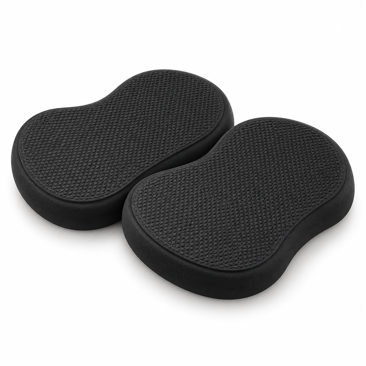 Pair of black textured yoga knee support pads on white
