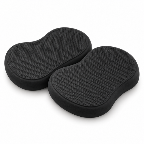 Pair of black textured yoga knee support pads on white