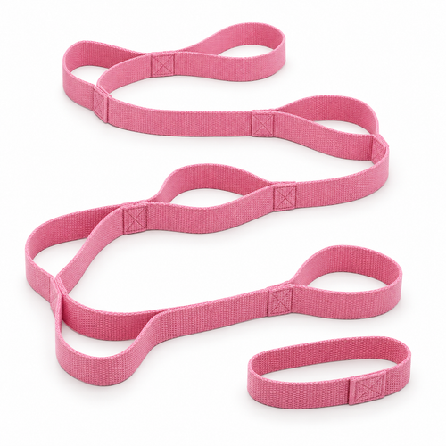 Pink multi-loop yoga stretching strap on plain white background