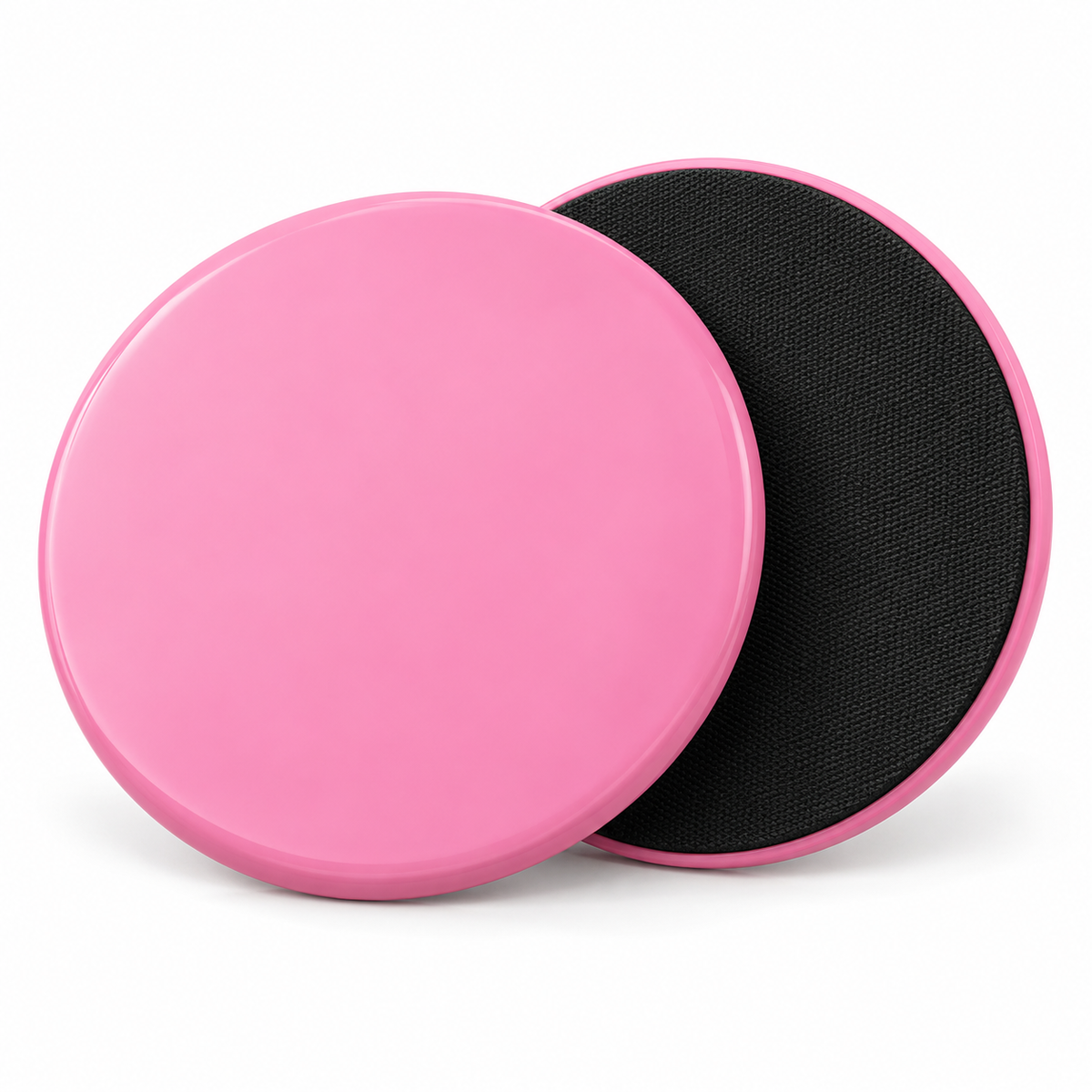 Pink and black Pilates sliding exercise discs on white