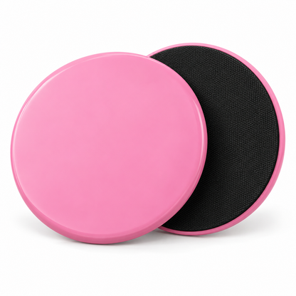 Pink and black Pilates sliding exercise discs on white