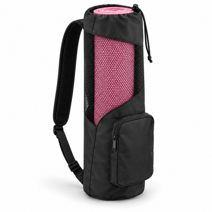 Black yoga mat carry backpack showing rolled pink mat on white