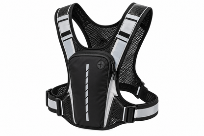 Black reflective running vest front on a pure white background, AI illustrative image