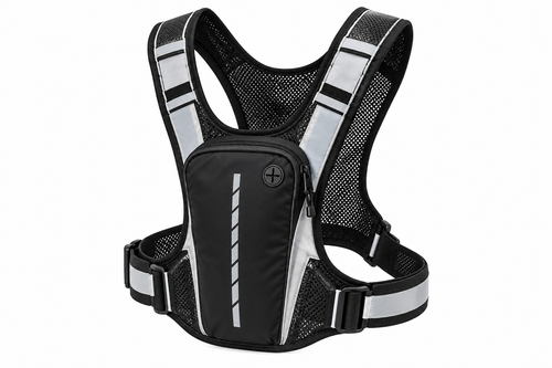 Black reflective running vest front on a pure white background, AI illustrative image