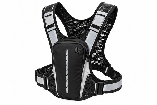 Black reflective running vest front on a pure white background, AI illustrative image