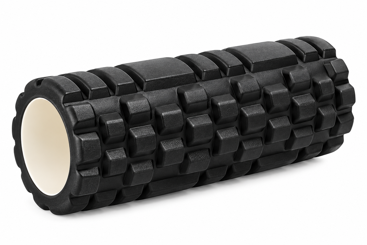Black textured foam massage roller on pure white background, illustrative product image