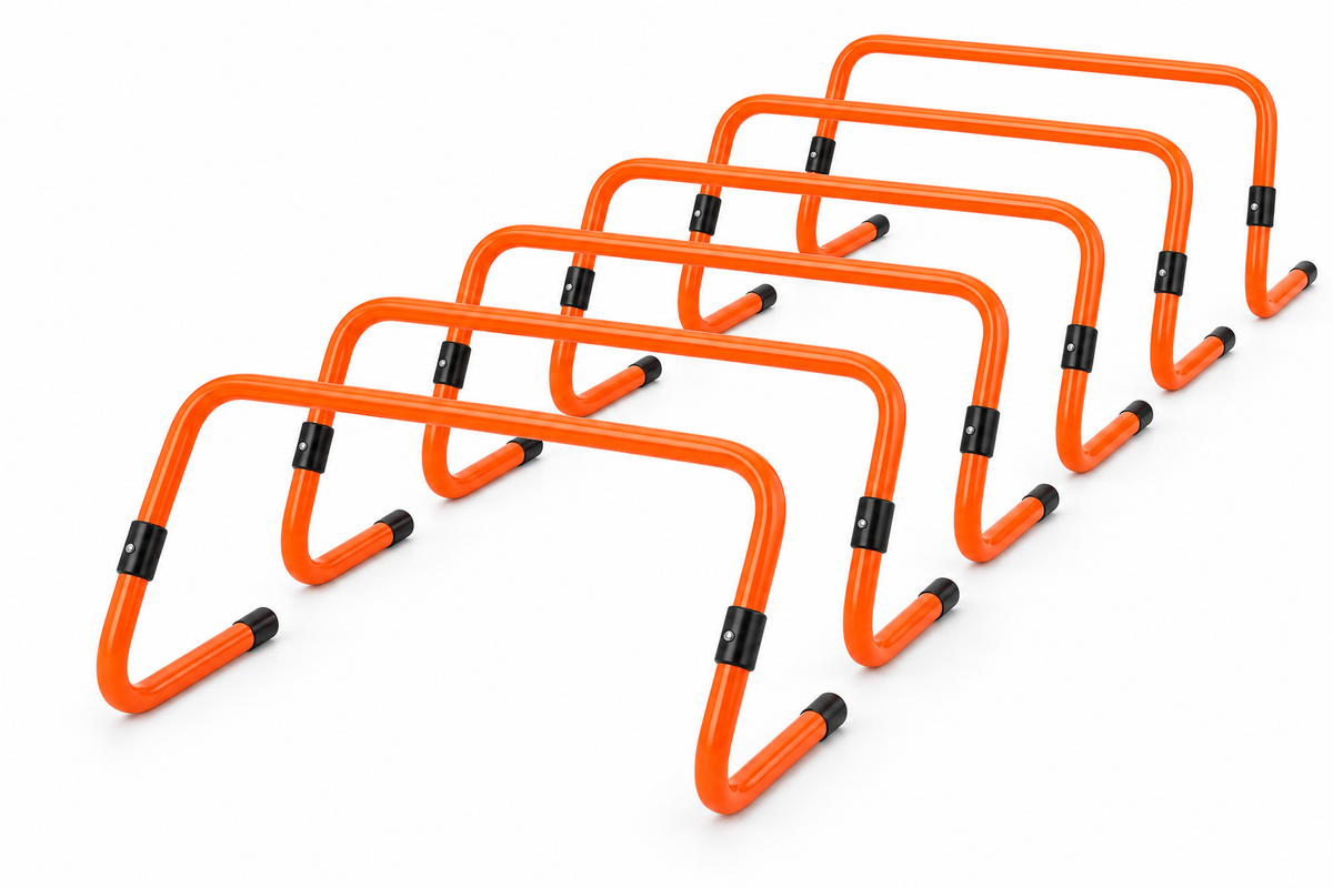 Orange agility training hurdles set on a pure white studio background, illustrative image