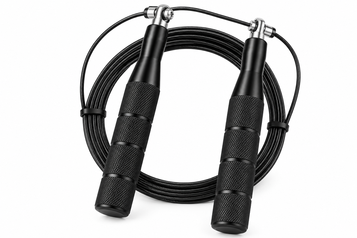 Black speed jump rope with two handles and coiled cord on white background, AI-generated illustrative image