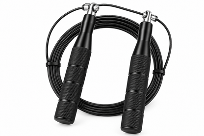 Black speed jump rope with two handles and coiled cord on white background, AI-generated illustrative image