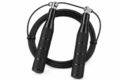 Black speed jump rope with two handles and coiled cord on white background, AI-generated illustrative image