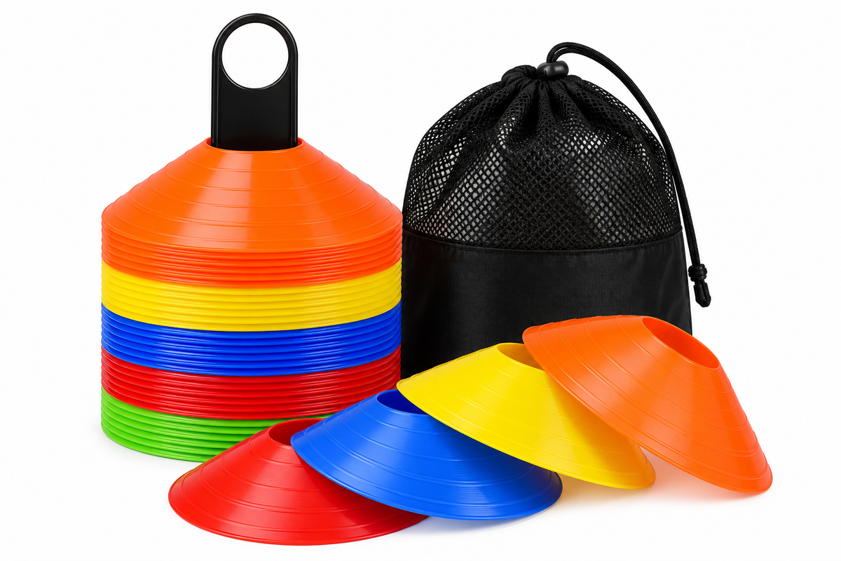 Colorful field training marker cone set with carry bag, isolated on white, illustrative image