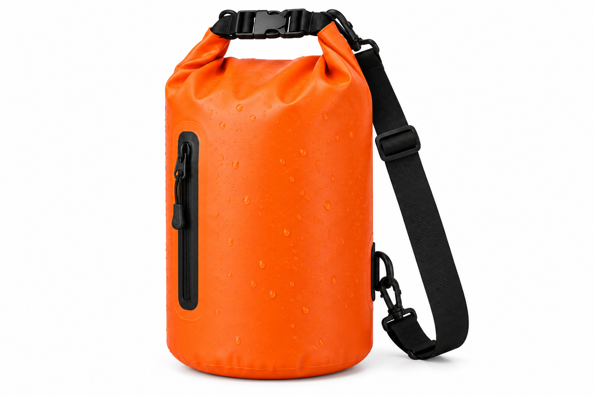 Orange roll-top outdoor dry bag with black shoulder strap on white background, AI illustrative image