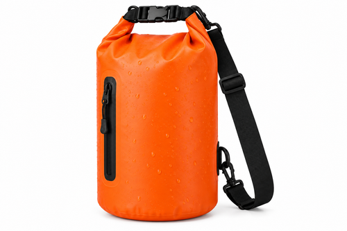 Orange roll-top outdoor dry bag with black shoulder strap on white background, AI illustrative image