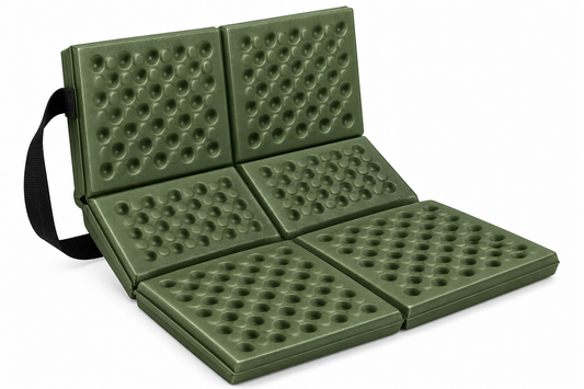 Olive green folding camping seat pad on clean white background, AI illustrative image